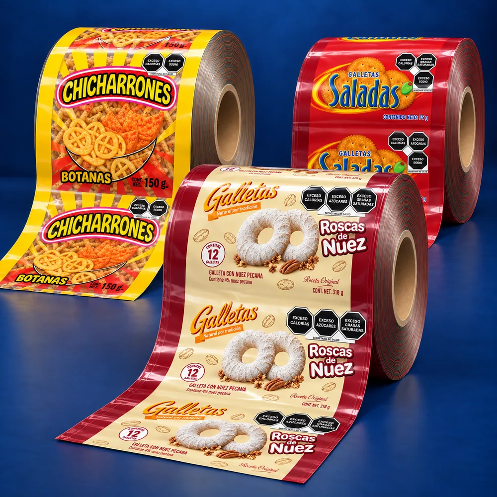 Bobinas impresas para botanas y galletas con imágenes de producto, texturas y degradados