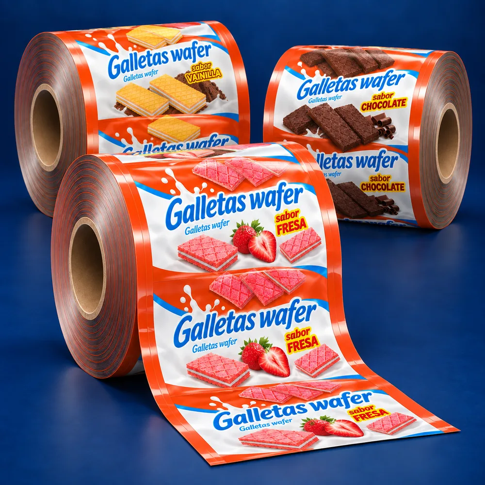 Bobinas impresas para galletas wafer con imágenes de fresa, vainilla y chocolate