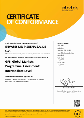 Certificado de conformidad de Envases del Pisueña emitido por Intertek